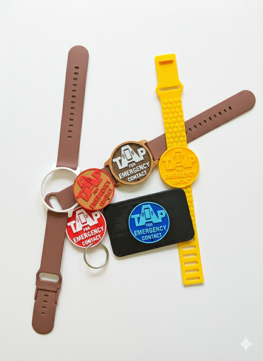 KinTag formats: wristbands, keychains, bag tags, and card holders