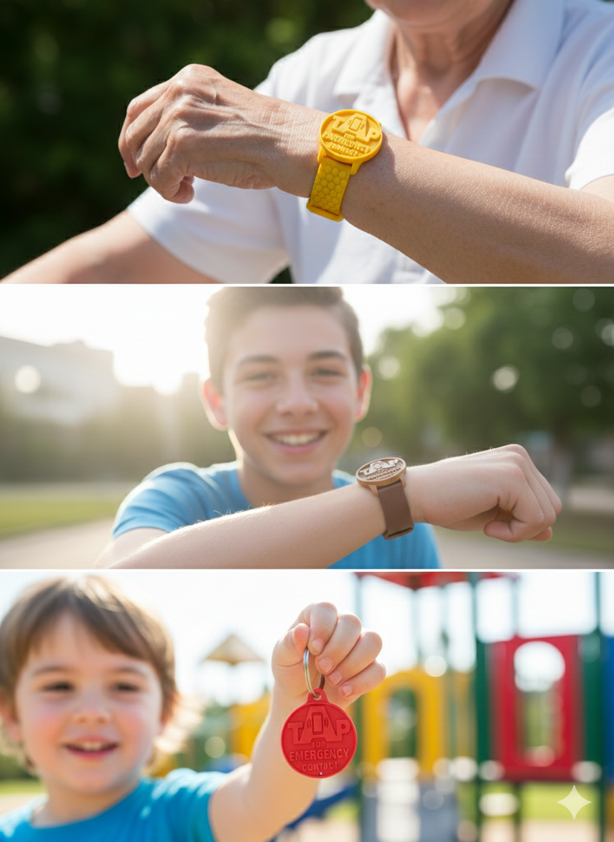 KinTag formats: wristband, keychain, and bag tag